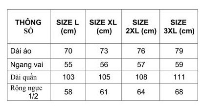 Size của áo mưa bộ